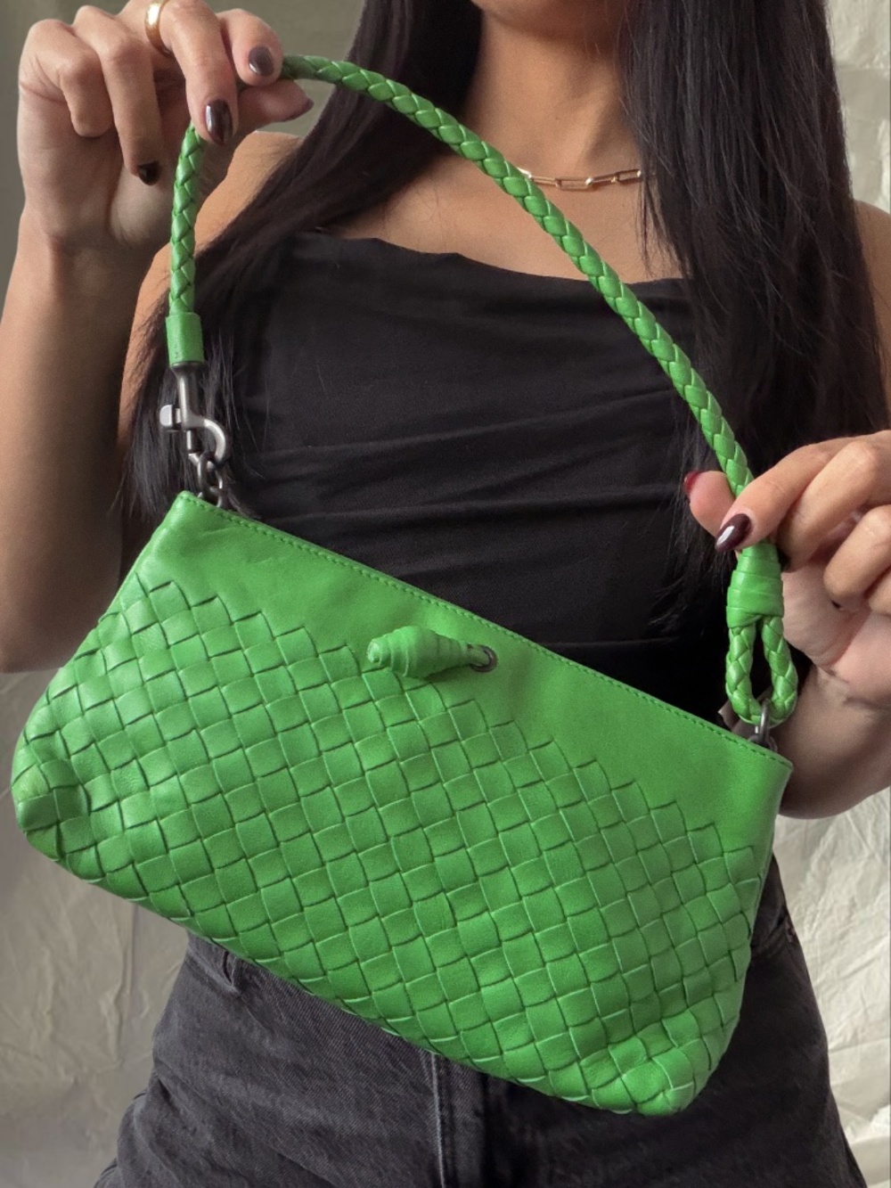 Vintage Bottega Veneta Intrecciato Green Leather Shoulder Bag